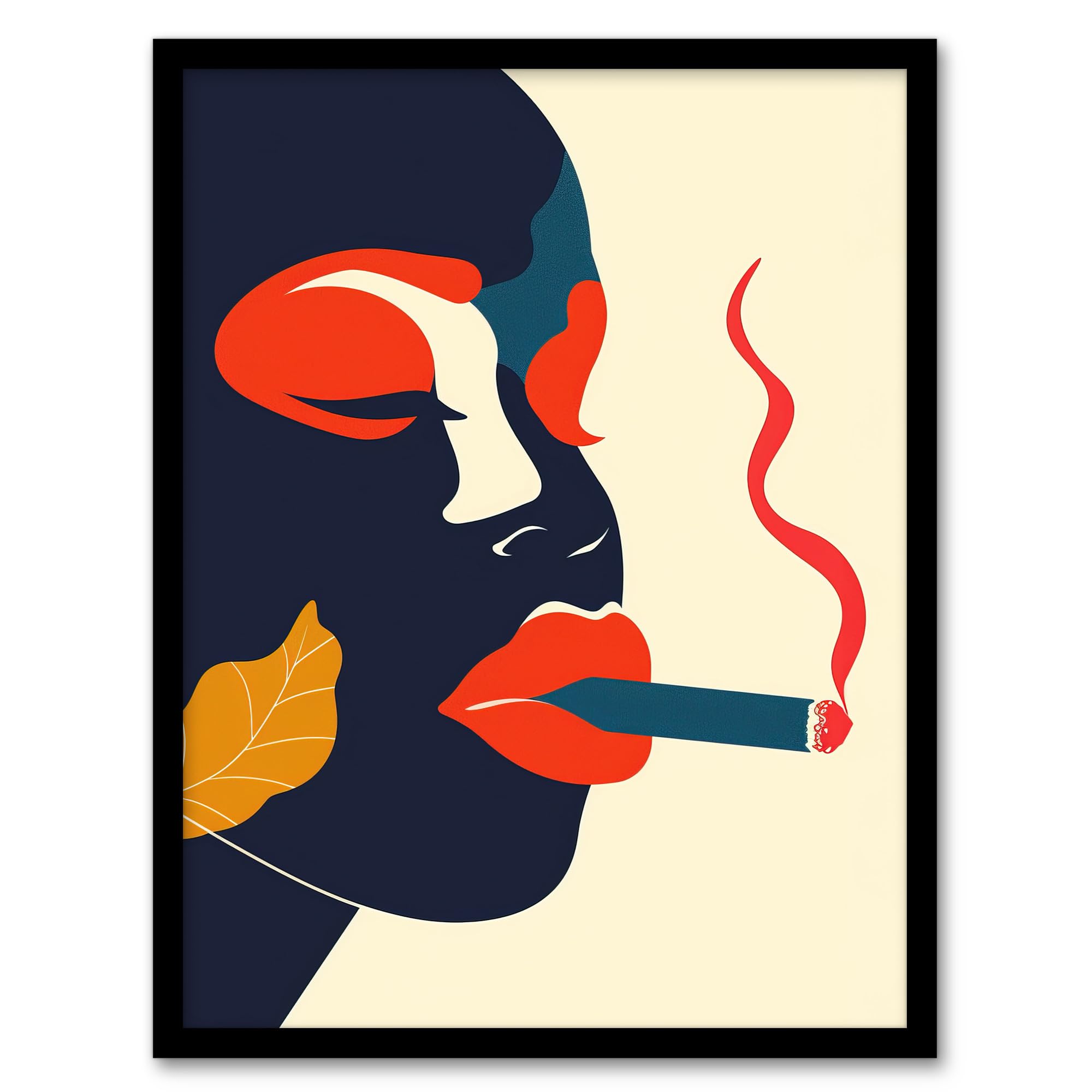 Artery8 Red Lips Smoking Abstract Portrait Woman Living Room Artwork Framed Wall Art Print 18X24 Inch