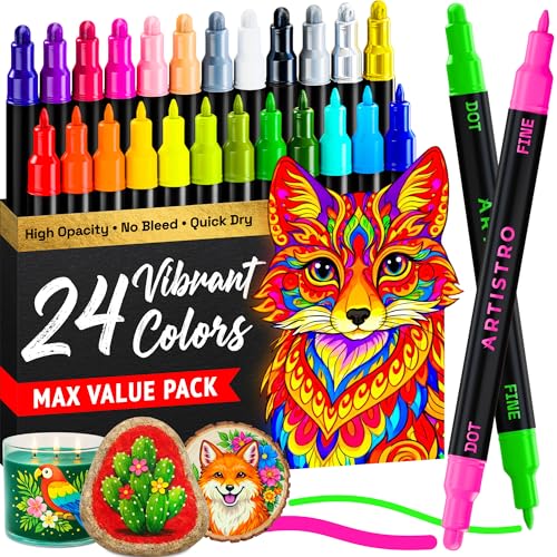 ARTISTRO 24 Precision Dual-Tip Acrylic Paint Markers – Paint Pens Set with Dot & Fine Tips for...