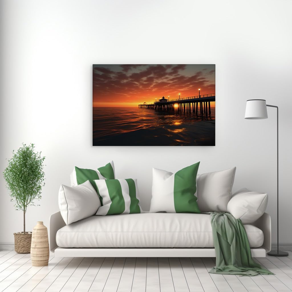 Canvas for Living room. Sunset Serenade on the Ocean Pier: A Vision of Tranquil Beauty, 27 x 18 inch Canvas Wall Art - Contemporary Masterpieces - Modern Home Decor