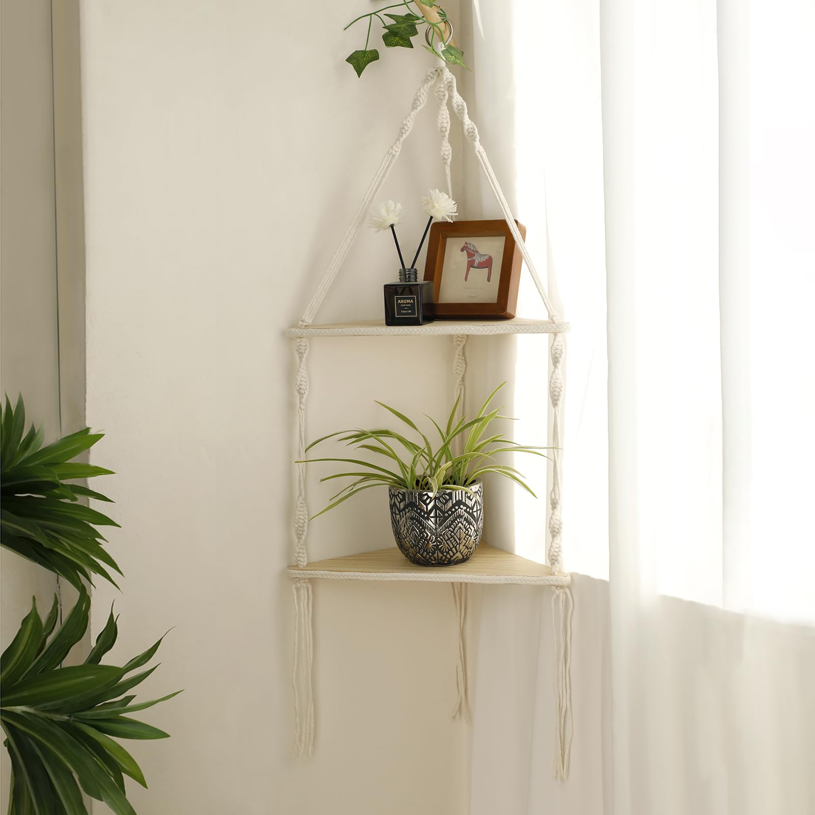Artilady Macrame Corner Shelf Wall Hanging - 2 Tier White Corner Floating Shelves Boho Wall Decor, Rustic Wooden Plant Shelf Storage Rack for Bedroom Living Room Bathroom