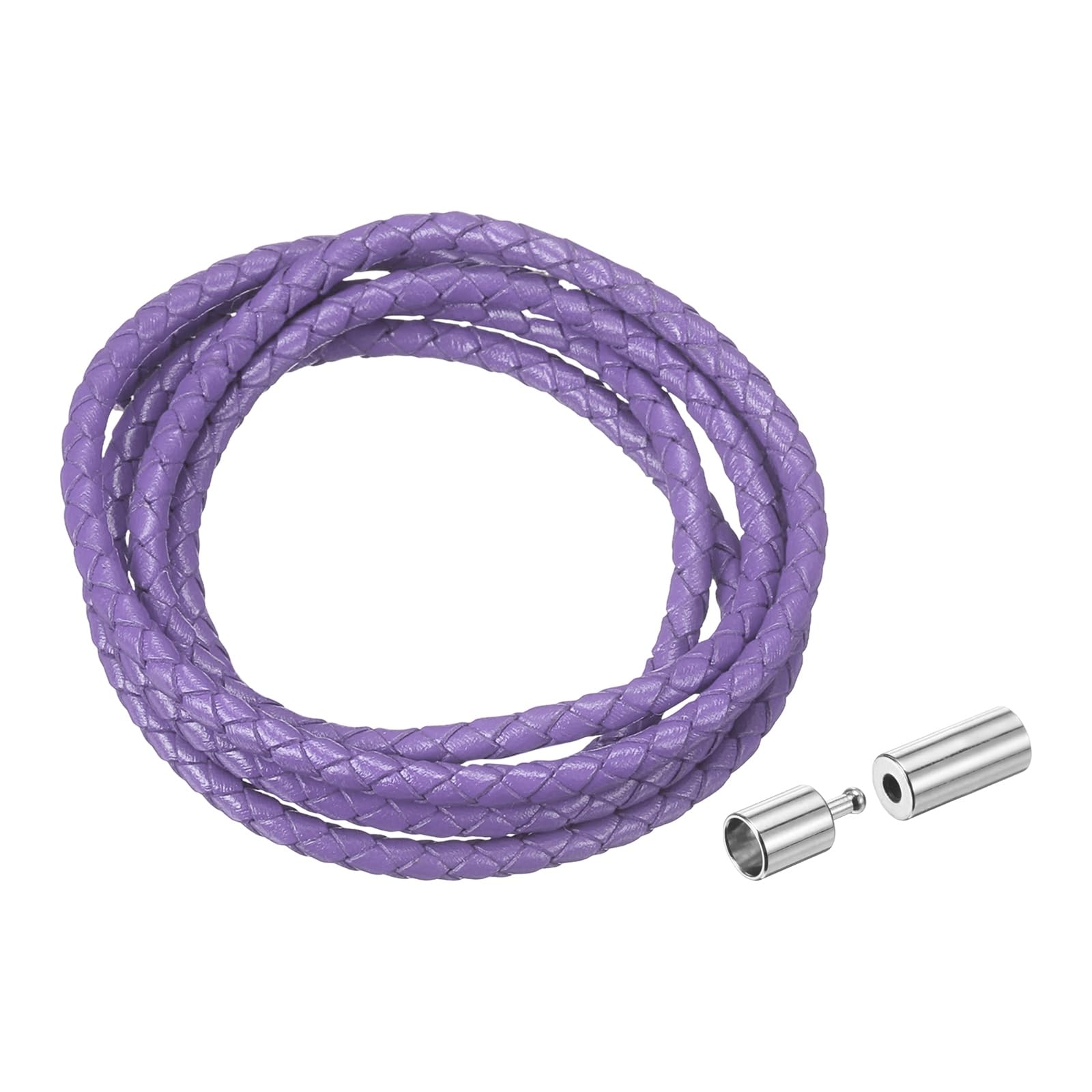 sourcing map Braided Genuine Leather Cord, 4mm 1.1 Yard Round Braiding String with Buttons, Leather Bolo Tie Cord for Crafting, Jewelry Making, Bracelets, Home Decoration, Light Purple