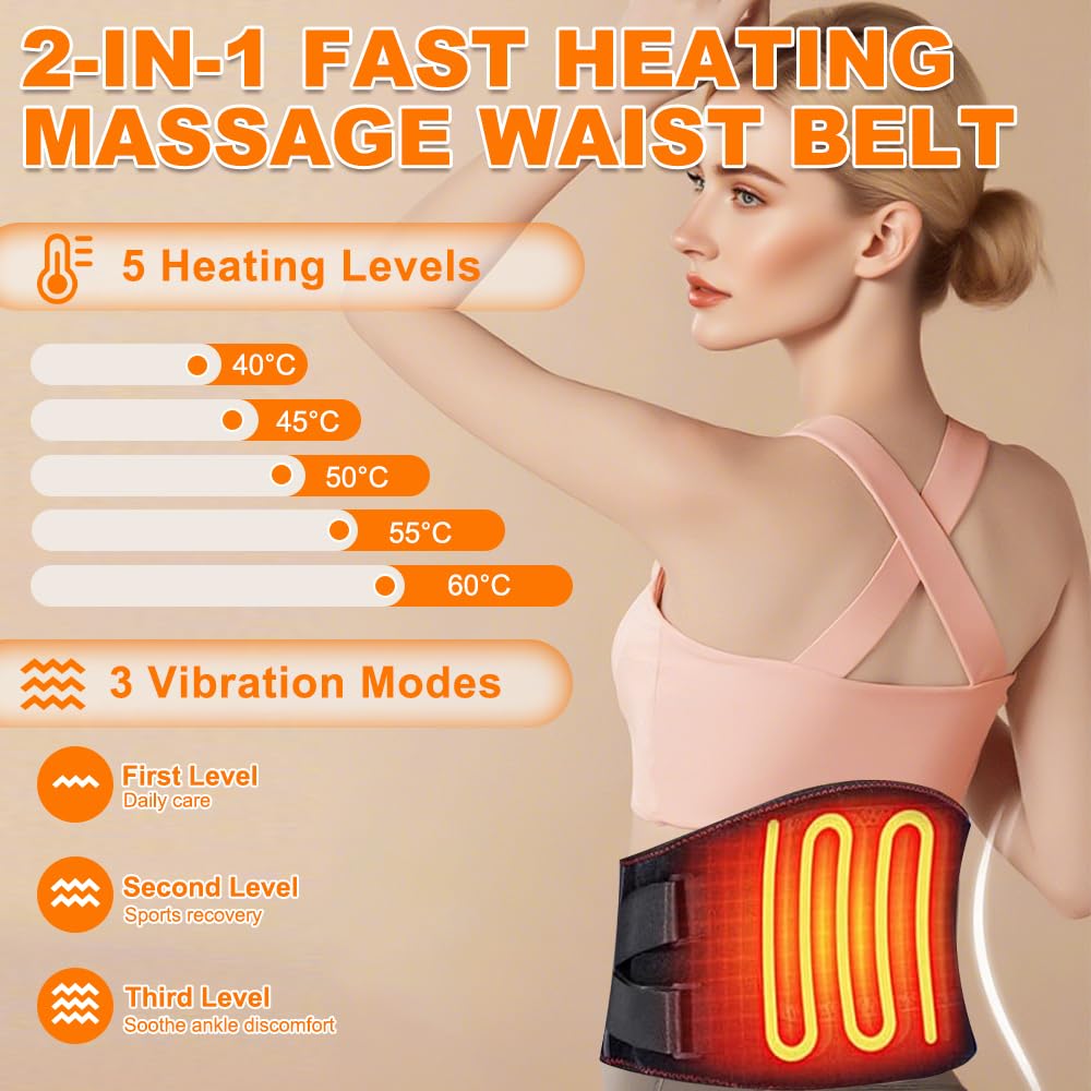 Wärmegürtel Rücken Akku, Heizgürtel, Rückenmassagegerät mit Akku Kabellos, Massagegerät Rücken mit 5 Wärmestufen, 3 Vibrationsmodi, Rückenwärmer, Rückenschmerzen mit Abschaltautomatik