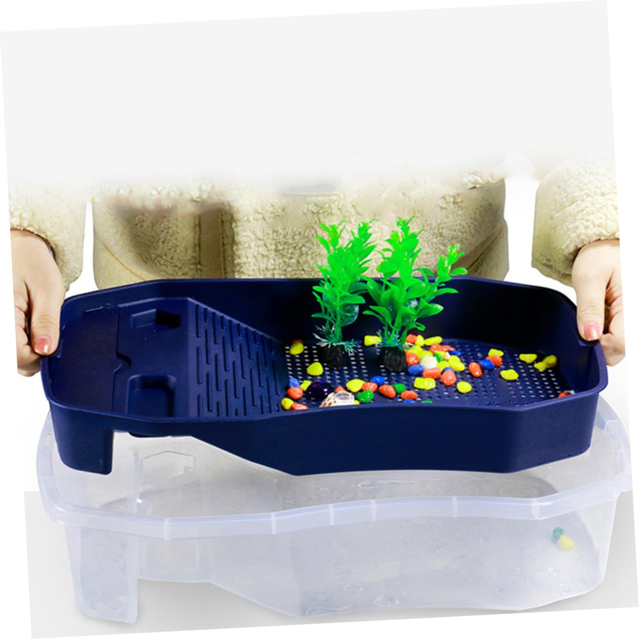 SHINEOFI Tanque para Tortugas Azul con Plataforma para Tomar Sol Doble Uso Agua y Tierra Terrario de Alimentación Resistente y Fácil de Limpiar para Mascotas Reptiles