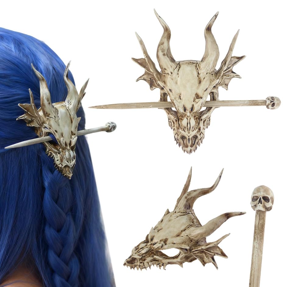 Dragon Skull Hair Stick Gothic Horned Dragon Head Resin Bone Hair Slide Barrette for Women Halloween Cosplay Fantasy Hairpin Viking/Medieval Updo Holder Spooky Skull Stick (1 Piece)