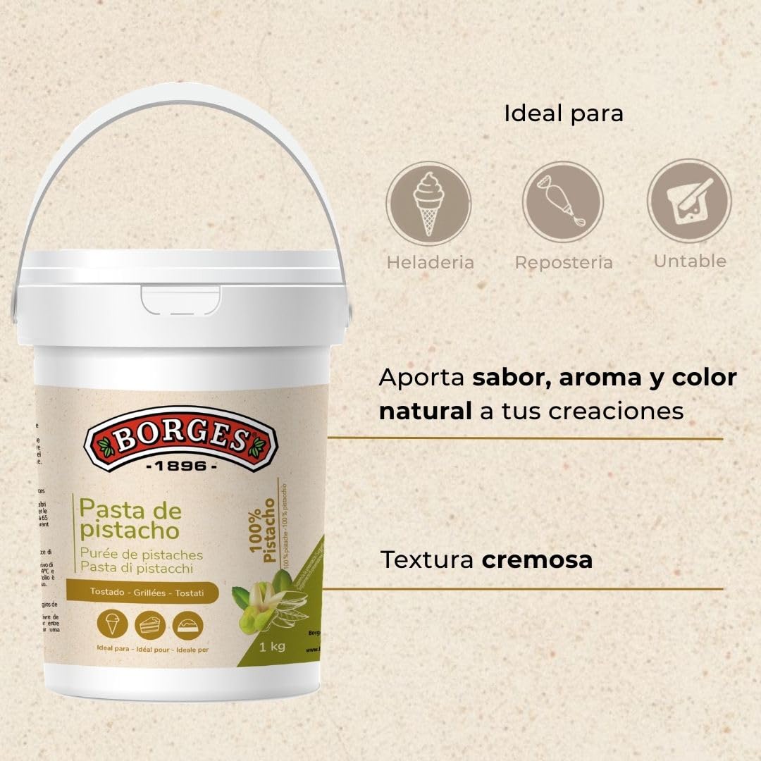 Borges Professional - Pasta de Pistacho 100% 1kg Pistacho Tostado Puro, Sin Azúcares Añadidos para Repostería, Heladería y Uso Cotidiano en Casa