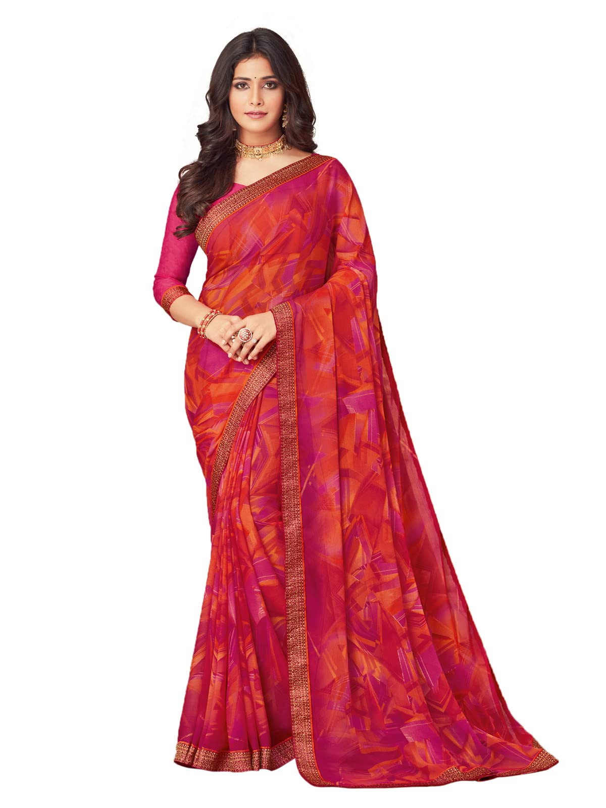 Satrani Women's Lace & Printed Chiffon Saree With Blouse(2206Sr933_Hot Pink & Multi)
