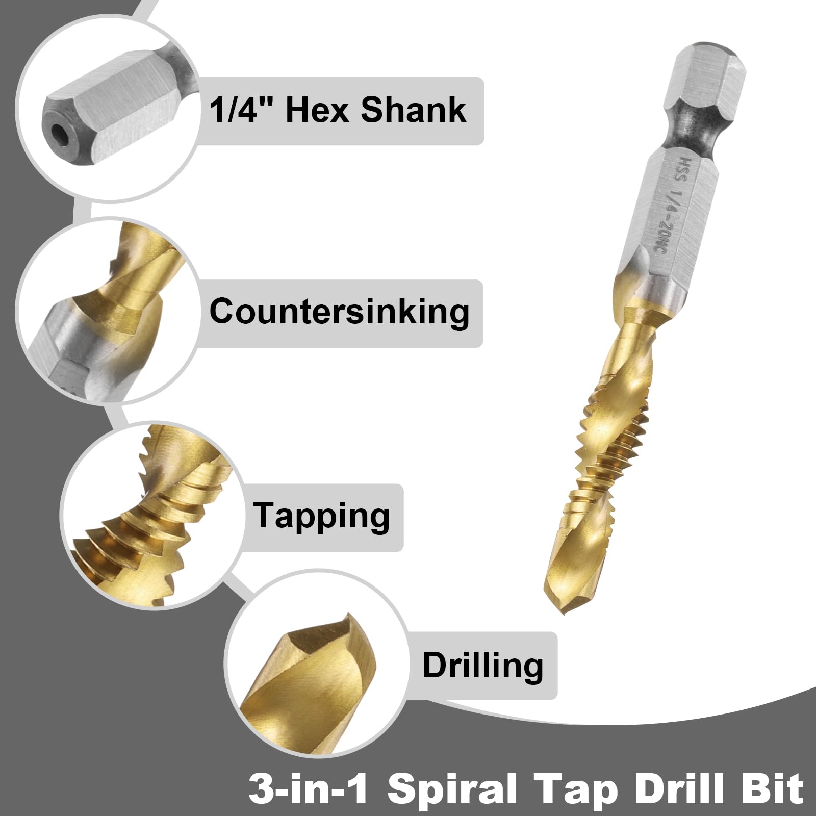 Punta combinata per trapano e maschiatore, filettatura SAE 1/4-20NC, gambo esagonale da 1/4", maschi per filettatura rivestiti in titanio, utensile per maschiatura a spirale, acciaio rapido (HSS) 4