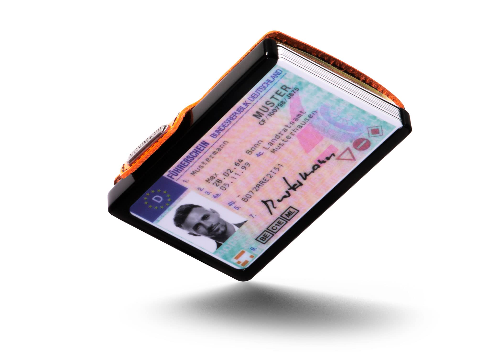 MONDRAGHI® Mini-Wallet. Ultraleichte Geldbörse mit Narbenleder. Kleiner Geldbeutel mit RFID-Schutz-Chip - Kartenetui mit Leichtmetallrahmen | Racing Orange