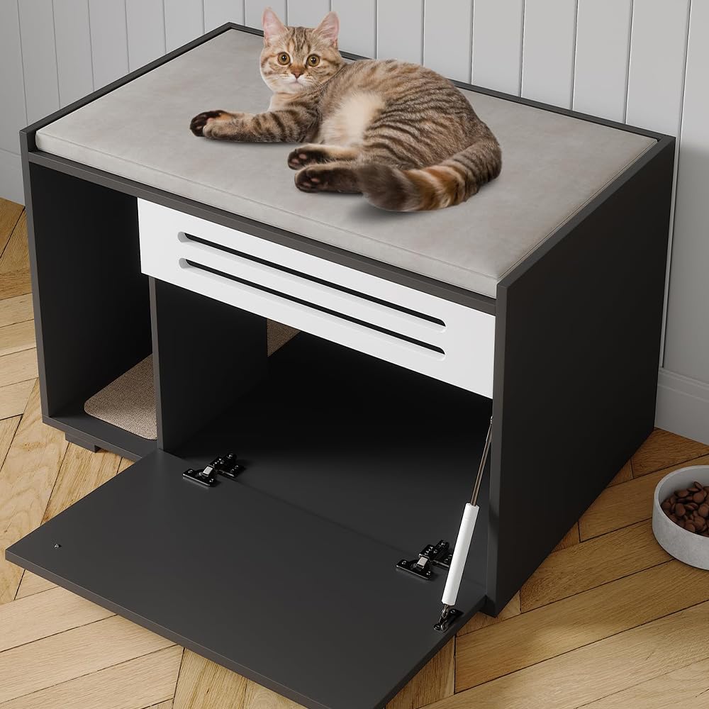 Modern Litter Box Concealer, Powerful Ventilation, Eliminates and Isolates Odors, Wooden Furniture with Hinged Door, Compatible with Most Open Litters, Suitable for Kittens and Adult Cats