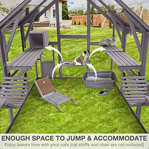 Medehoo Large Catio Outdoor Cat Enclosures Wooden Cat House With Sleeping Houses, Bridges, Walks, Uv Proof Cover 74" H 110" L #TOP3