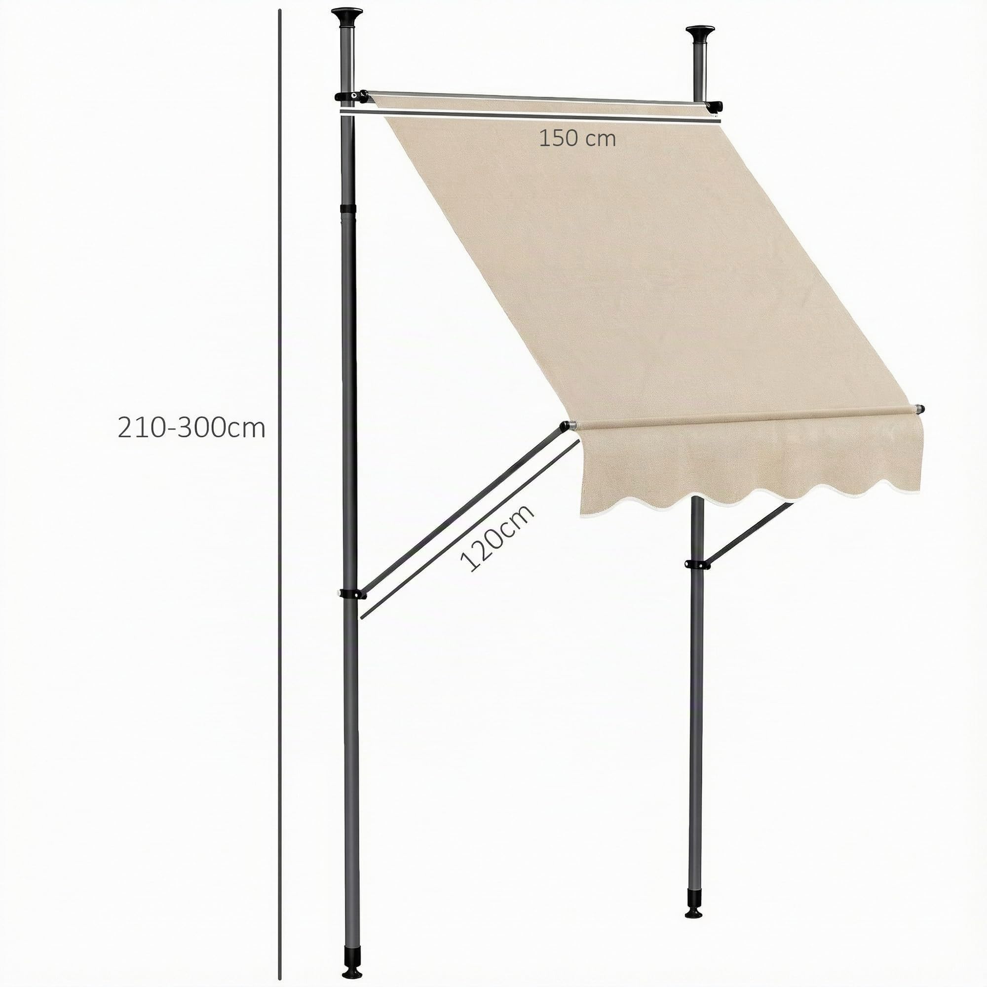 Outsunny - Toldo autoportante manual retráctil 1,5L x 1,2l x 2,1-3H m, inclinación ajustable para balcón sin necesidad de perforar, metal de aluminio y poliéster, color arena