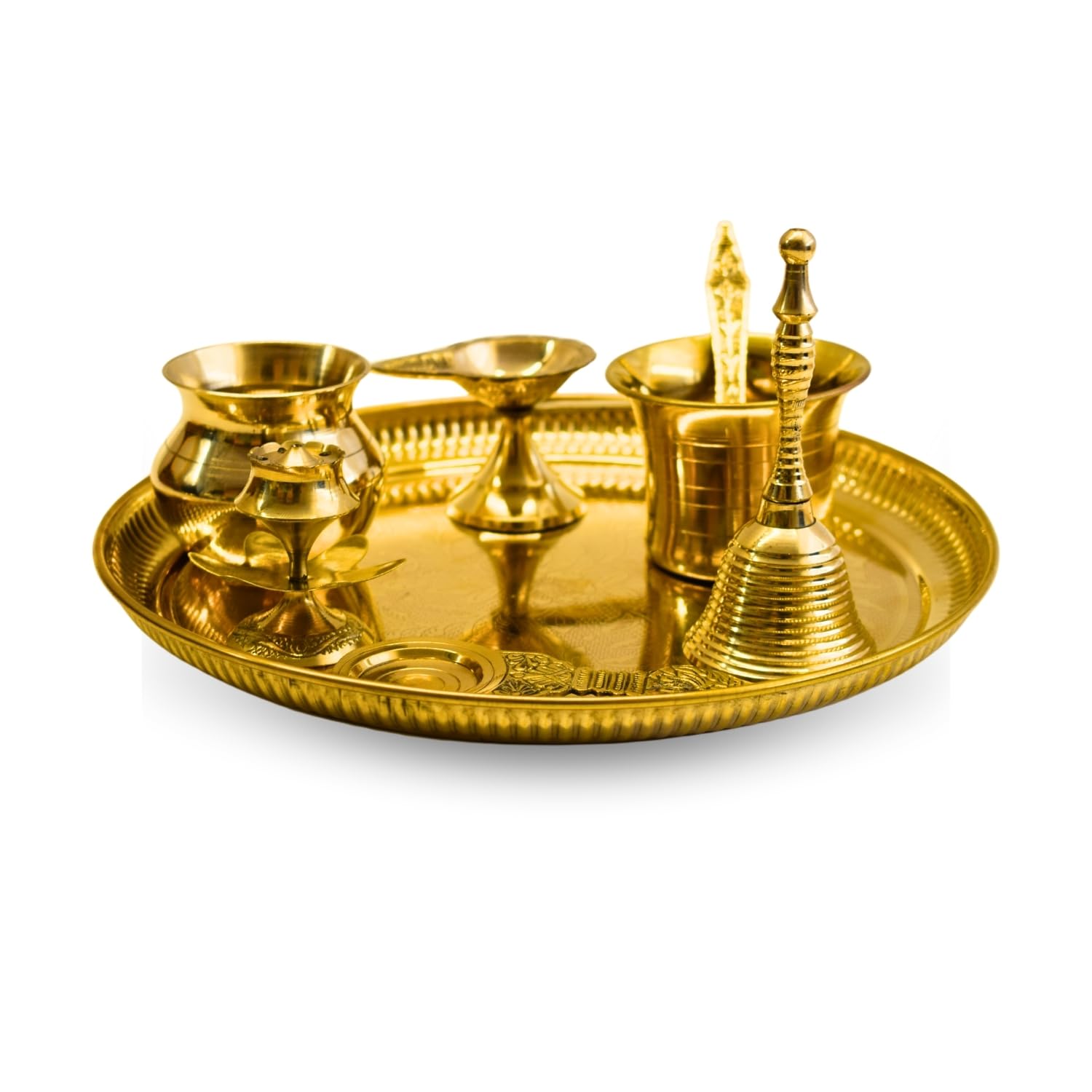 Vedic Charya Brass Puja Thali Set 10 Inch Round Shape – Golden Traditional Plate Worship, Decorative Indian Religious Festivals Thali
