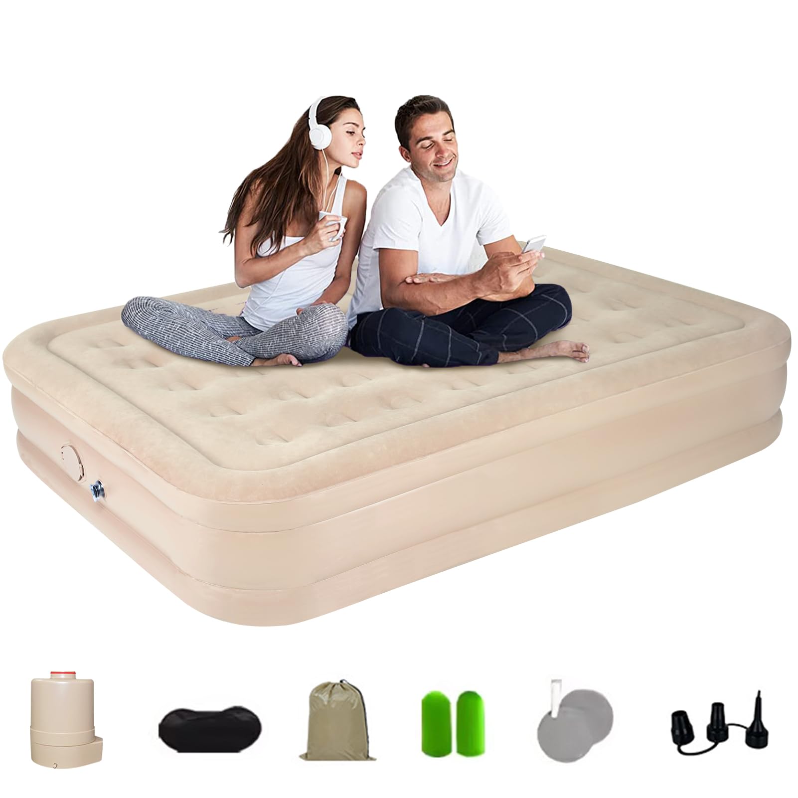 Double Air Bed, Air mattress Inflatable Queen Mattress Built-in Air Pump, One Button Charge/Deflate, No Plugs, Ultra Plush Fiber Technology for Home, Travel & Camping, 78 x 56 x 15 Inches - Tan