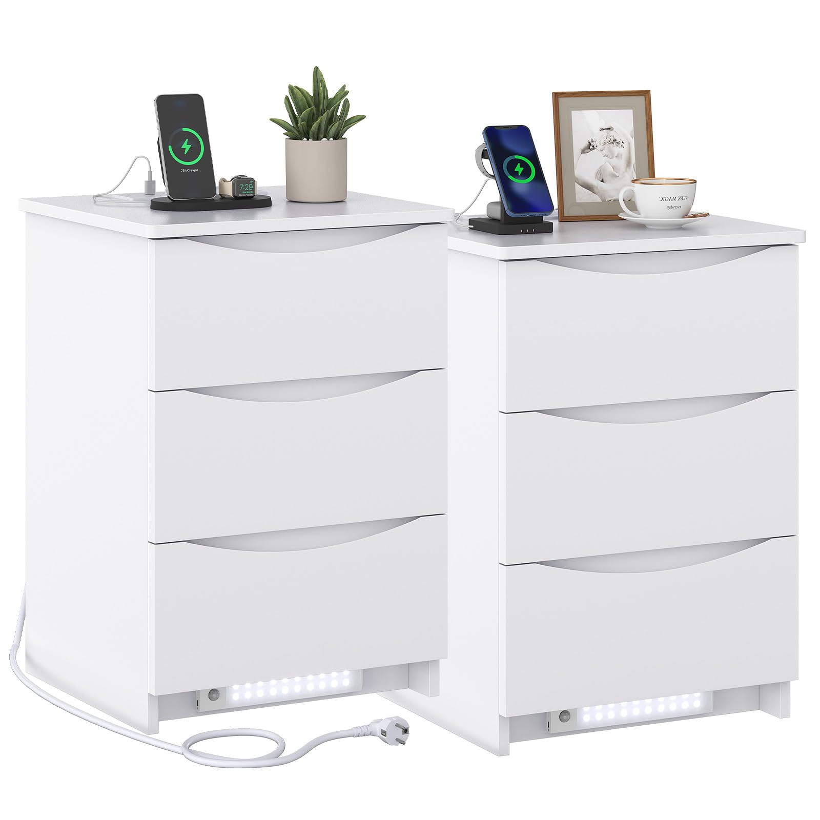 Brinlawb Set di 2 comodini con luci a LED e multipresa (2 prese CA, 2 porte USB), tavolo da notte set di 2 con 3 cassetti per soggiorno, camera da letto, ufficio, montaggio semplice, 37 x 42 x 60 cm