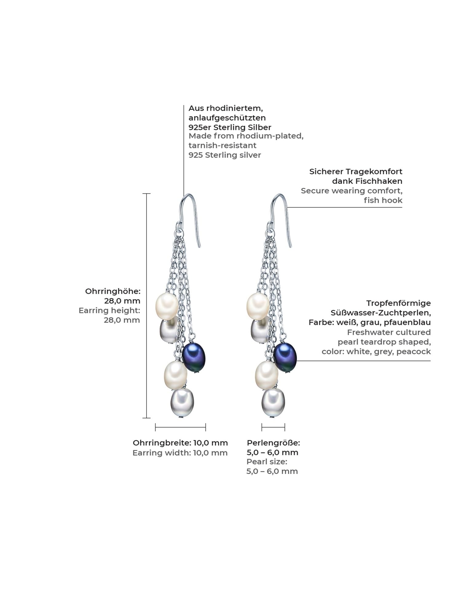 Valero Pearls Orechinni pendenti da Donna in Argento Sterling 925 con rodio con Perle coltivate d'acqua dolce bianco grigiore blu pavone 60201338
