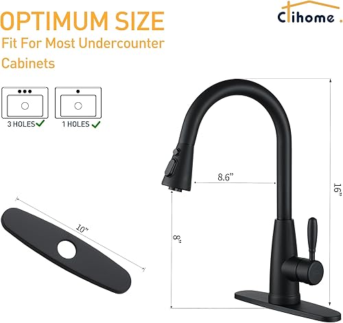 Miniatura 2 de Grifos negros para fregadero de cocina, grifo de fregadero de arco alto de una sola manija con rociador extraíble manguera flexible de 24 pulgadas