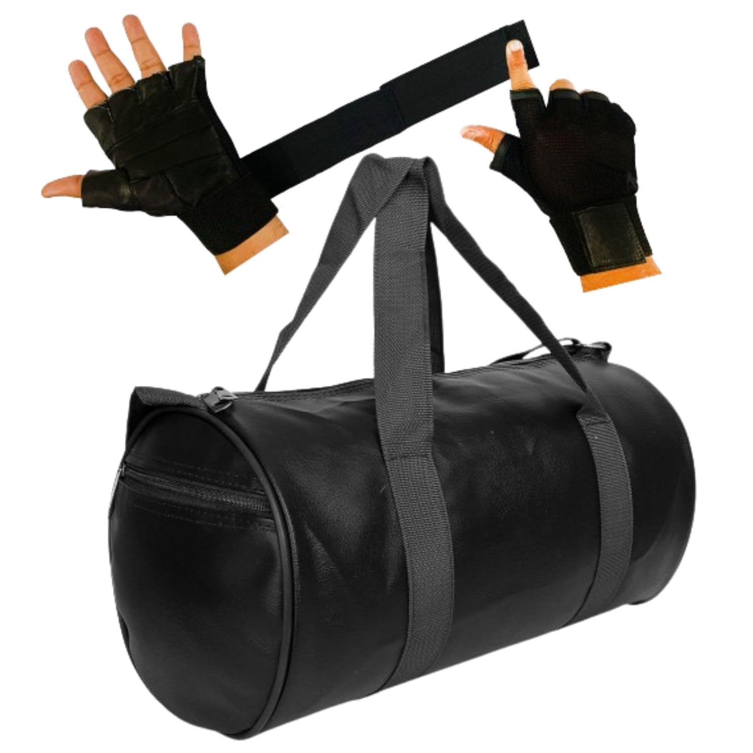 duffle gym bag combo of polyester gym bag with compartment| black gym gloves| gym bag|hand gloves for men 's & women for daily exercise|gym kit for men and women (black)