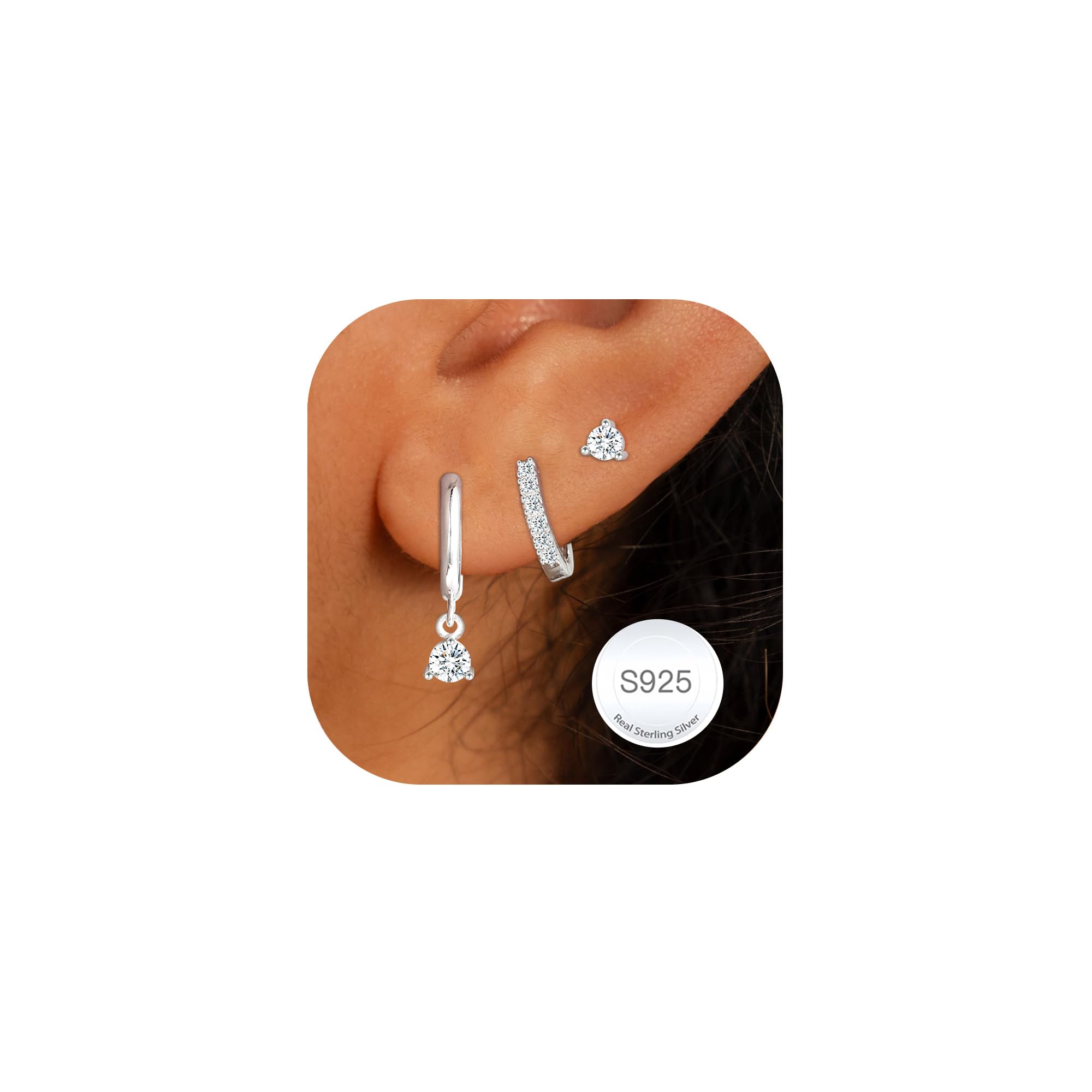 AVOTTO 3 Paar Ohrringe Ohrstecker Silber 925 für Damen Hypoallergen Gold Ohrring Ohrstecker Stacks Silver Huggie Ohrringe Silber 925 mehrere Piercings