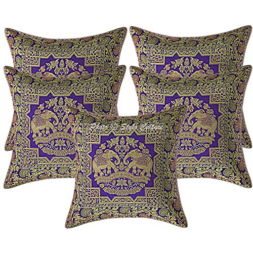 Image of Decorative Brocade Cushion Covers 16 Inch x 16 Inch Banarasi Jacquard Purple & Gold Living Room Decor Elephant Traditional Square 40x40 cm Zippered Sofa Settee Pillowcases -Set of 5 Pcs