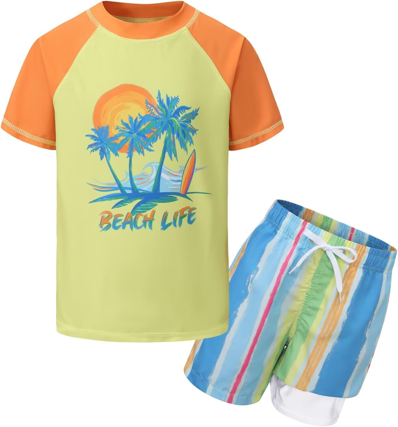 Boys Swim Set, Rash Guard Swimsuits Set Short Sleeve Bathing Suit with Compression Liner Swim Trunks Swimwear 3-16 Years