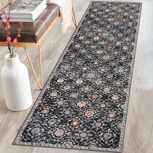 KILOCOCO 2x8 Runner Rug, Moroccan Super Soft Washable Hallway Runner Rug, Accent Print Faux Wool Kitchen Runner Rug 8 Feet Non-Slip Boho Rug Runners for Laundry Room Bedroom, Charcoal/Multi
