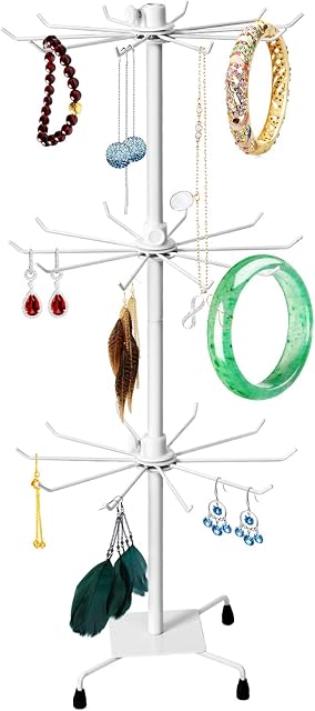 ColdShine 3 Tier Rotating Jewelry Tower Necklaces Hanger Stand Jewelry Holder Keyring Display Rotating Stand Rack for Organize Jewelry Necklaces Earrings White