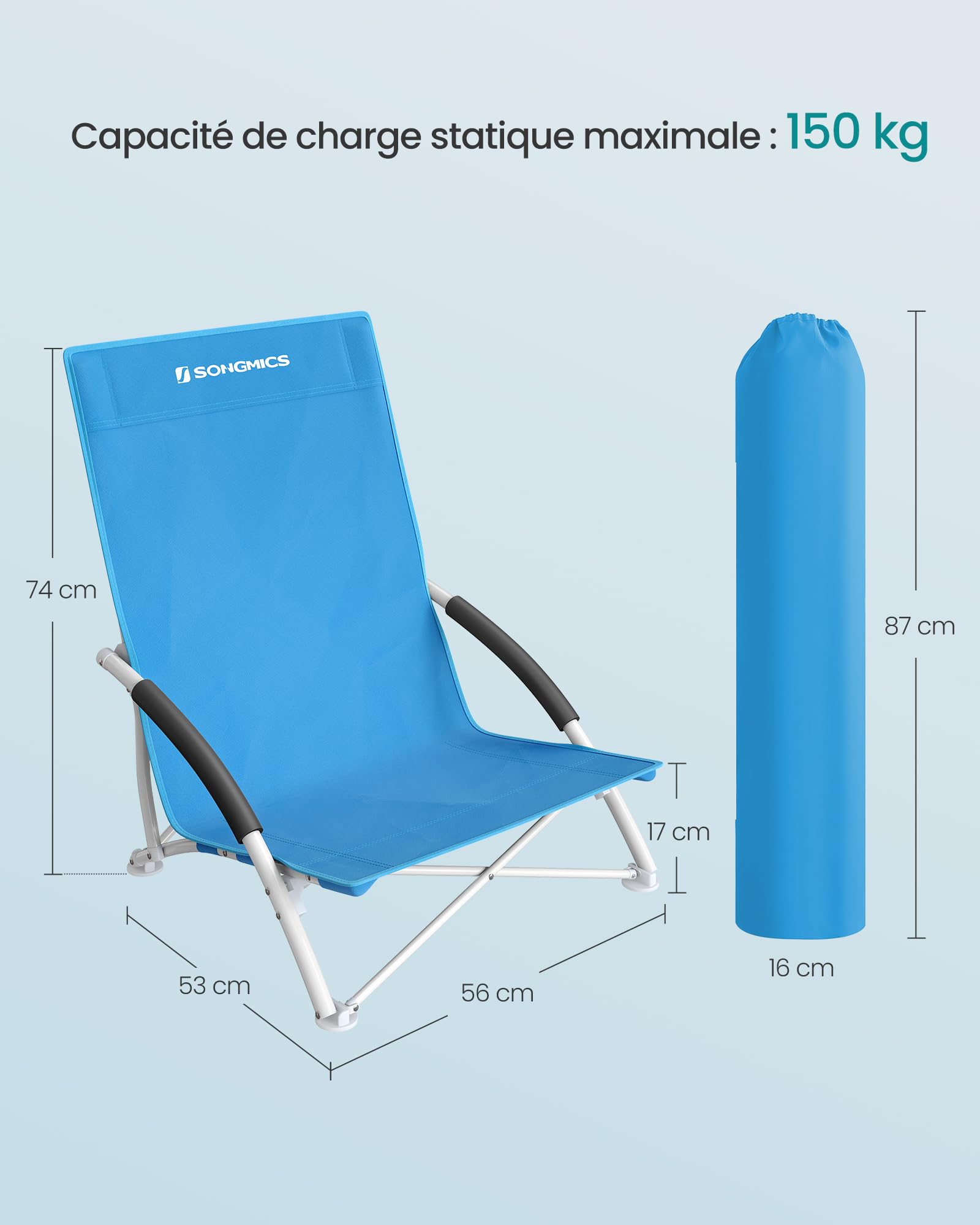 SONGMICS Chaise de Plage Pliante Portable Dossier Haut Grande Capacité de Charge Bleu Clair GCB61BU