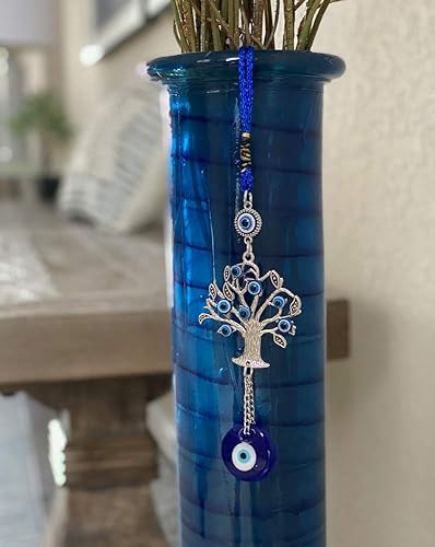 Miniatura 6 de LUCKBOOSTIUM - Adorno para colgar en la pared de árbol de la fortuna azul de ojo malvado y cristal grande, decoración del hogar, accesorios para