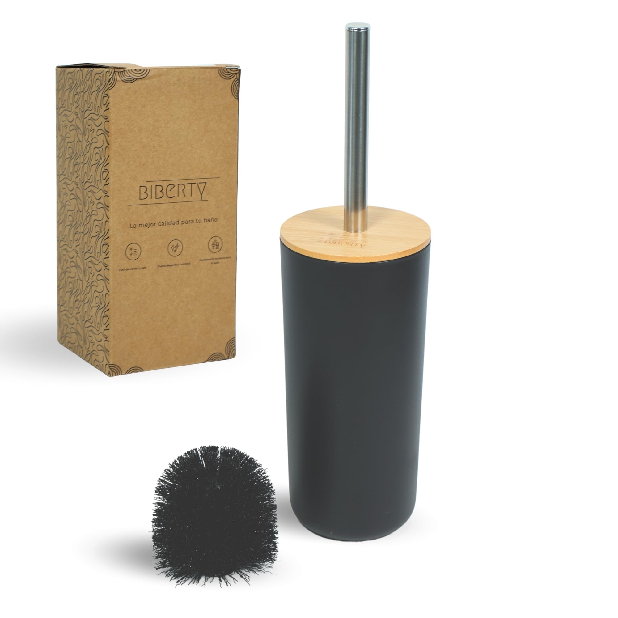 Biberty Escobillero baño Negro y bambú con Cepillo de Recambio, escobilla baño Negra y bambú para Limpieza de Vater, escobilla para el WC y Mango ergonómico de Acero Inoxidable, Piacaba casa de banho