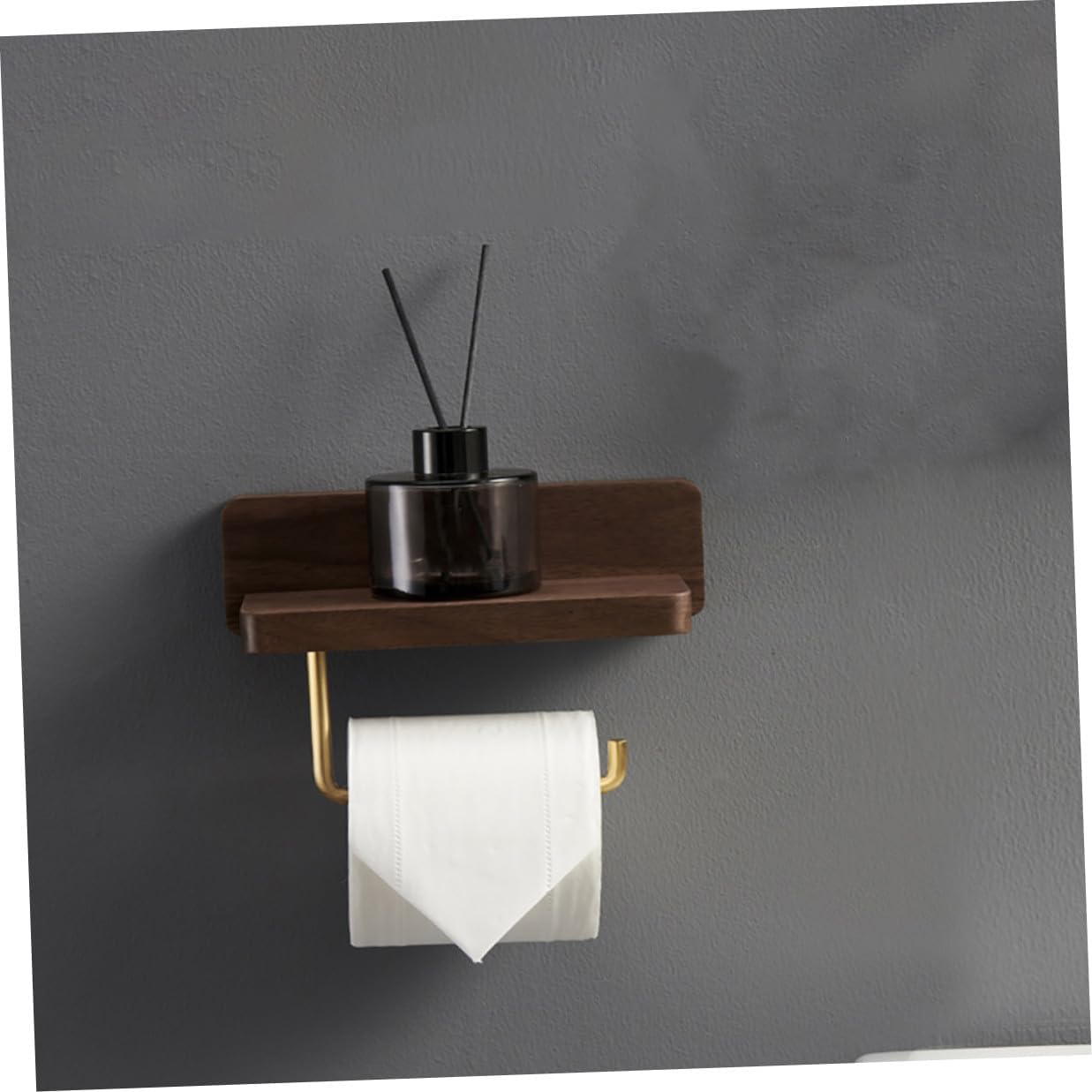 Solid Wood Toilet Paper Holder with Brass Bathroom Dispenser No-Punch Wall Mount Tissue Rack for Kitchen and Restroom Compact Design with Mobile Phone and Candle Shelf Matte Finish