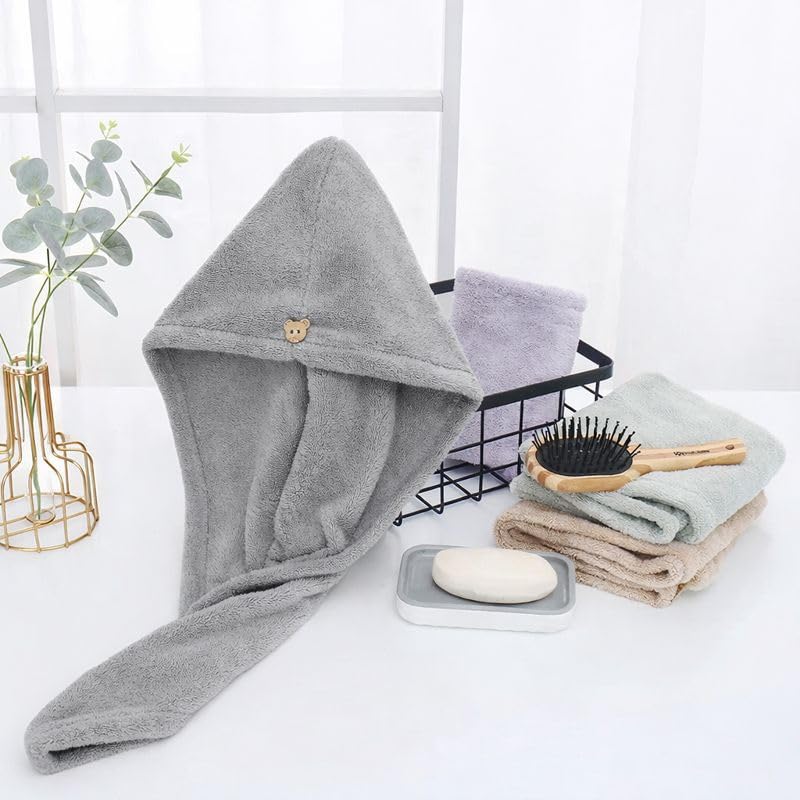 Image of Microfiber Hair Towel Wrap Turban for Women | Quick Dry with Button Loop | Super Absorbent Soft Anti-Frizz Head Towel | Lightweight | Gray
