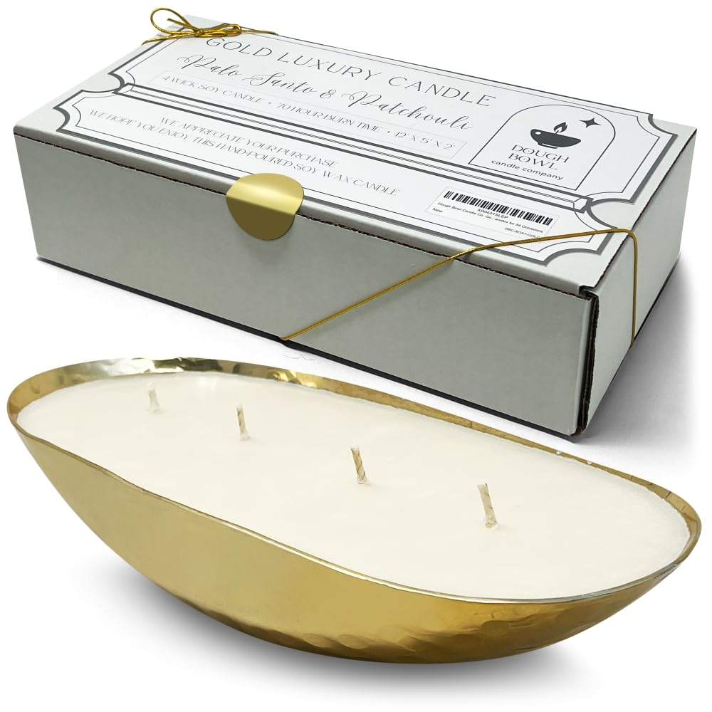 Dough Bowl Candle Co. Luxury Candle - Luxury Candles for Home, 12x5x2 Inch Luxury Candles for Women and Men, 4-Wick Fancy Candles, Pretty Candles for All Occasions (Palo Santo and Patchouli, Gold)