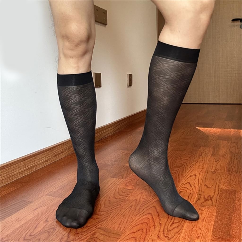 Men's Thin Sheer Nylon Dress Socks Elegant Argyle Pattern Middle Calf Socks for Business Suit and Formal