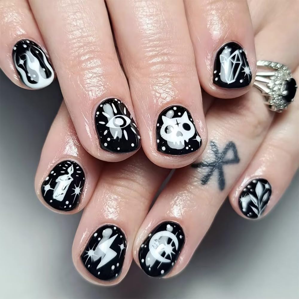 Black Press on Nails Short Square Fake Nails Halloween Acrylic Nails Press on False Nails with Little Cat and Lightning Designs Full Cover Glue on