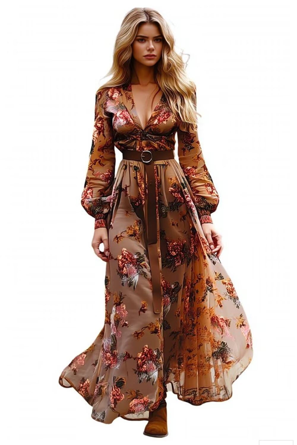 Women's Vintage Pastoral Flower Long Dress Long Sleeve Western Dress Fall Casual Maxi Dresses