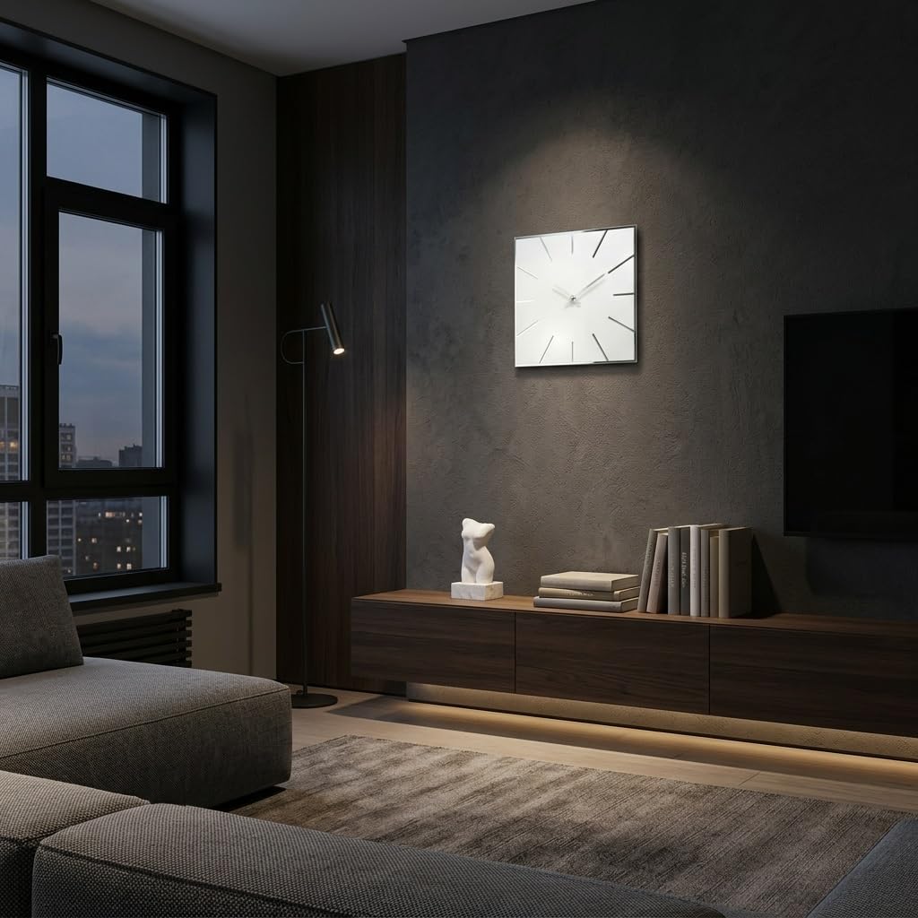 FLEXISTYLE Wanduhr groß 50cm weiß Holz modern lautlos ohne Tickgeräusche minimalistisch Design Wanddekoration Wohnzimmer Küche Büro Badezimmer Elegante große wall Clock skandinavisch