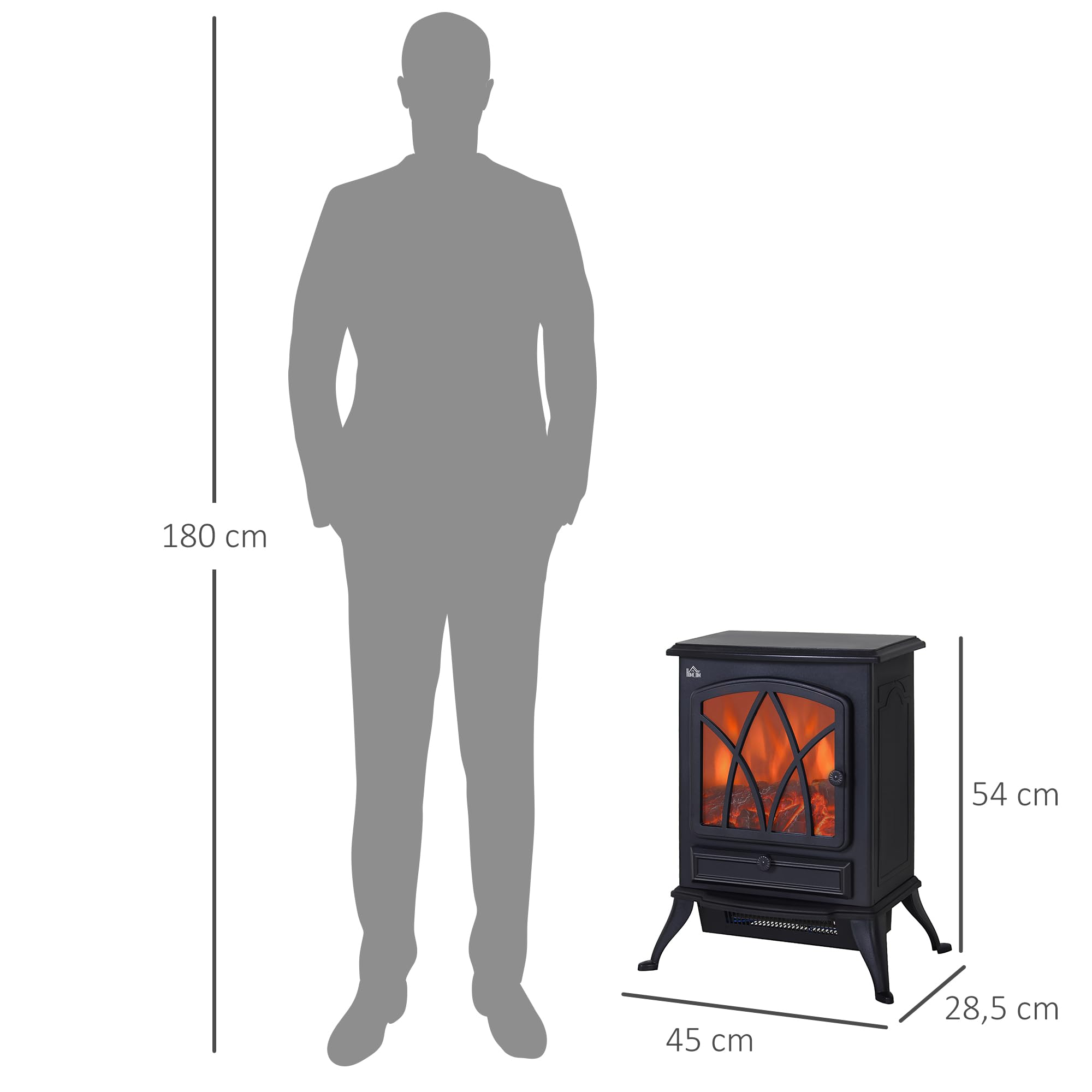 HOMCOM Cheminée électrique sur Pied 1000/2000 W, Fausse cheminée décorative avec Effet Flamme LED, Protection Contre la surchauffe, Zone de Couverture 15-30 m², Noir