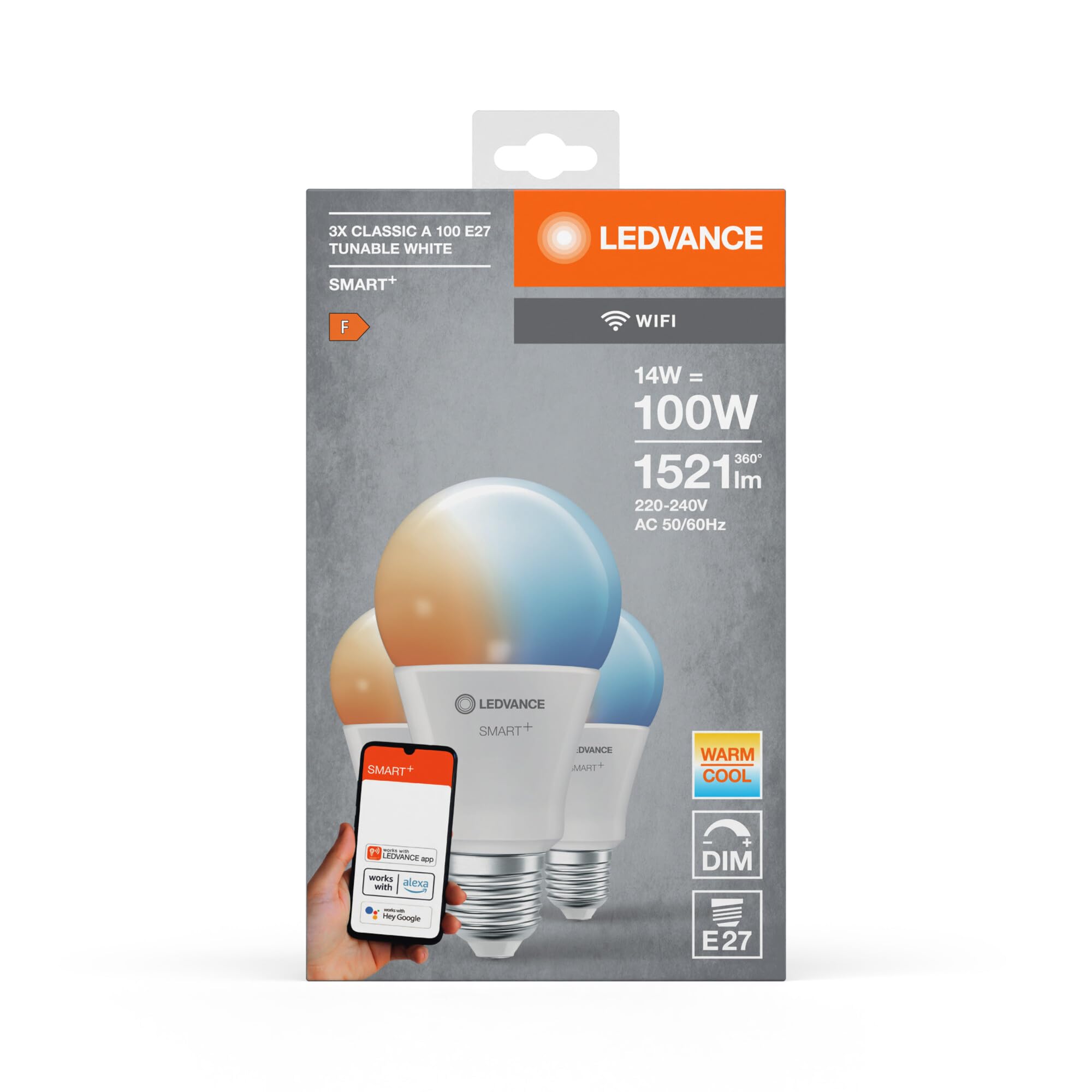 LEDVANCE Lampada LED intelligente con tecnologia WiFi, E27-base ottica opaca,Colore della luce modificabile (2700K-6500K), 1521 Lumen, sostituzione delle lampade 100W, 3-Confezione