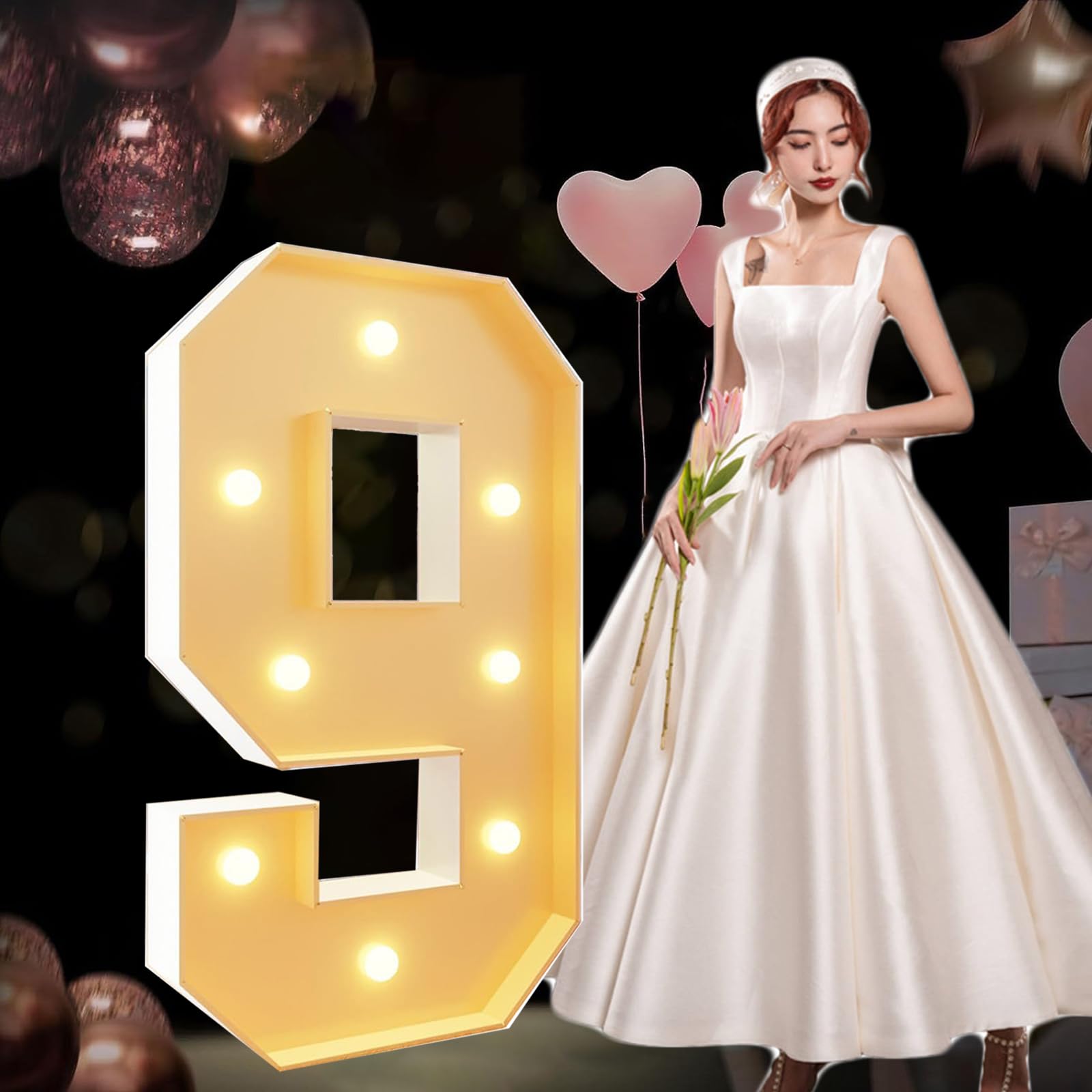3.3FT Marquee Light Up Numbers 9 Pre-cut Frame Board Mosaic Kit for Balloons Giant Marquee Numbers Party Decoration Props for Birthday Anniversary Wedding Decor
