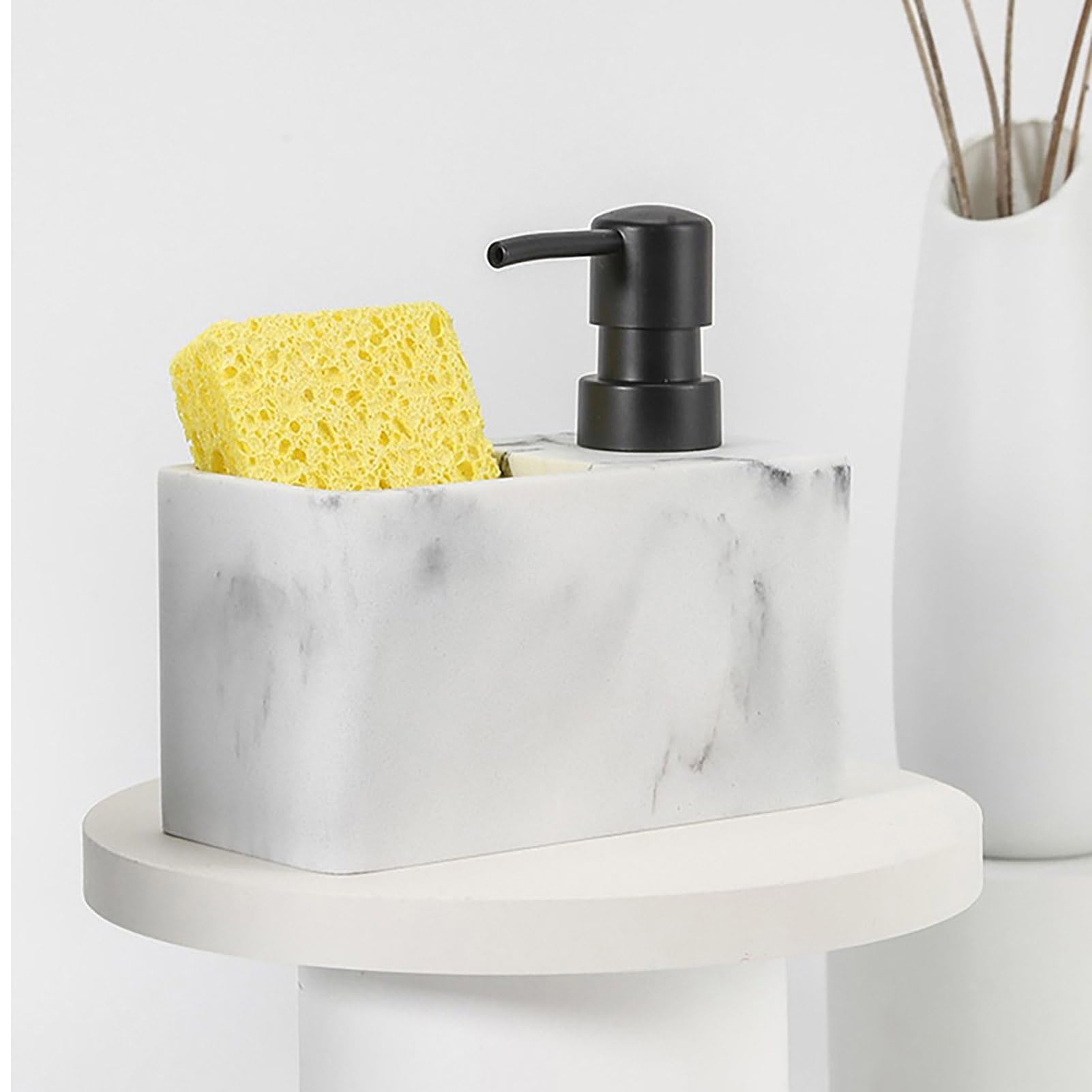 Juego de dispensador de jabón y bandeja de mármol con soporte para esponja/cepillo, fregadero de cocina y baño, recipiente de jabón líquido y loción, elegante accesorio de limpieza