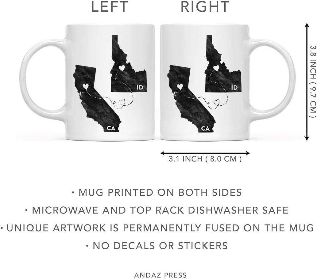 Andaz Press 11oz. Coffee Mug Long Distance Gift, California and Idaho, Black and White Modern, 1-Pack, Moving Away Graduation University College Gifts for Him Her Relationships