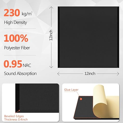 Miniatura 2 de Paquete de 12 paneles acústicos con autoadhesivos, paneles de espuma a prueba de sonido de 12 x 12 x 0.4 pulgadas, paneles de sonido de alta