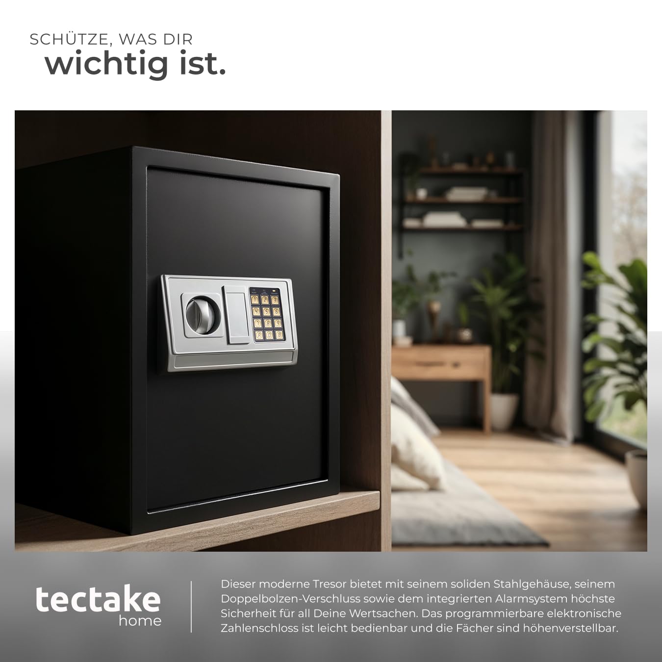 tectake® elektronischer Safe, Tresor für Zuhause, mit Sicherheitscode, mit Schloss und Notfall Schlüssel, Metallschrank 50x35x34.5cm, als Schlüsselsafe, Möbeltresor, für Geld, Geheimversteck