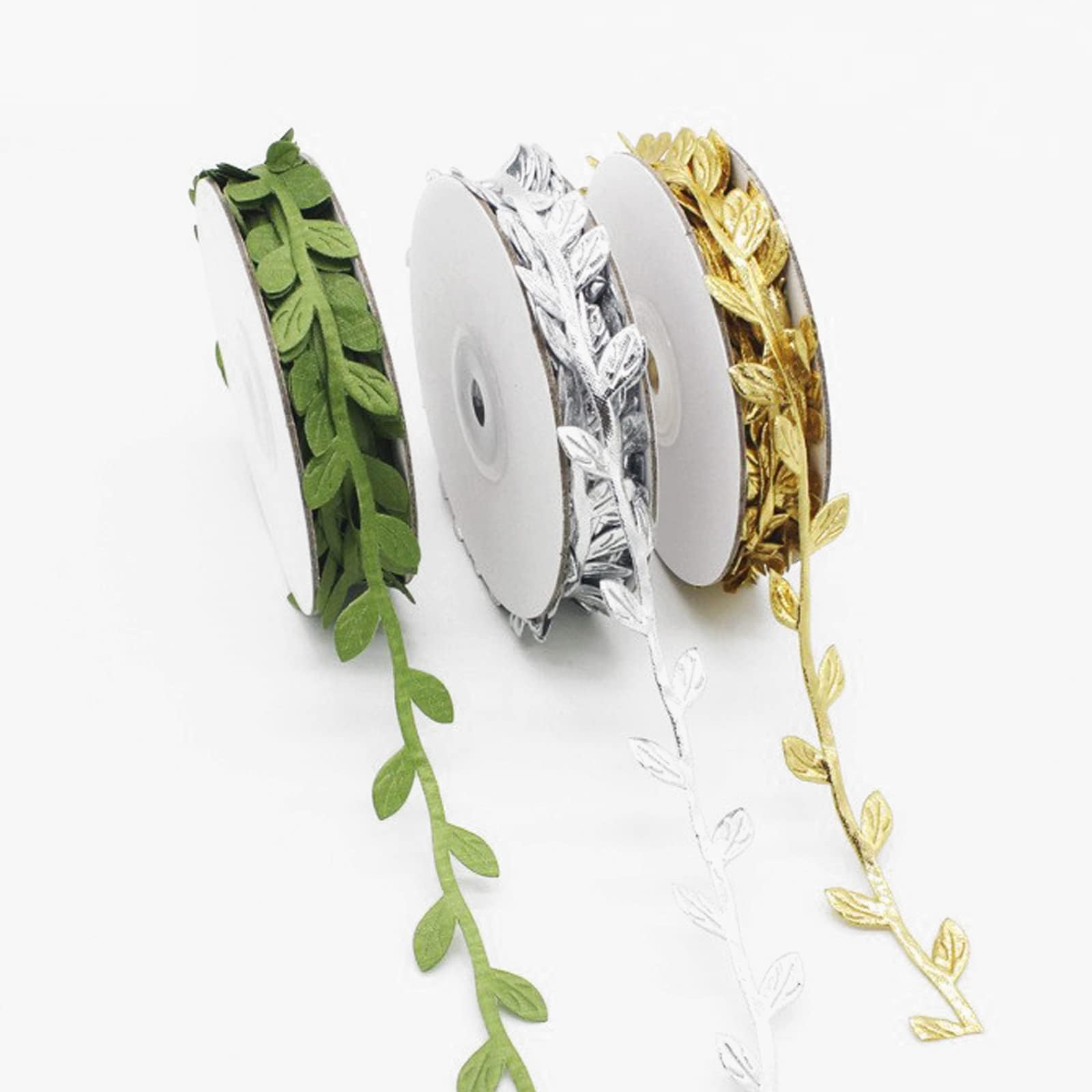 Leaf Ribbon 3 Volume Set, Garland, Ribbon, Lace Trim, Leaf, Balloon Ribbon, Interior, Christmas Decoration, DIY, Handmade, Wedding, Precision, Maiden Heart, Cute, 32.8 ft (10 m), Gold, Silver, Green