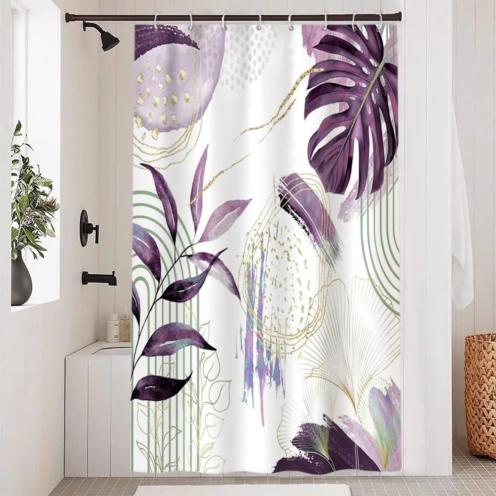 Uiiooazy Rideau De Douche Eucalyptus Feuilles Vert & Fleur Violet – 120x200 Cm – Tissu Polyester Anti-Moisissure Imperméable