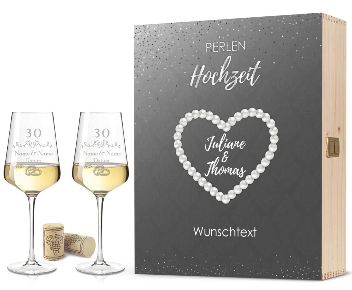 Verre Champagne Personnalisé GRAVURZEILE Lot De Flûtes à Champagne Leonardo Avec Gravure - Au Design Wedding - Gravées Avec Nom & Date, Boîte En Bois Incluse - Cadeau De Mariage Ou De