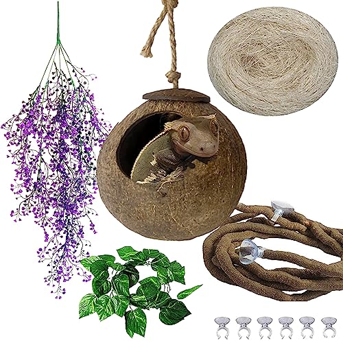 Image of 4 PCS Crested Gecko Coconut Hide Natural Lizard Coco Hut Reptile Hanging Nest Flexible Vine Habitat Decoration Bearded Dragon Terrarium Accessories for Tortoise Chameleon Snake Spider
