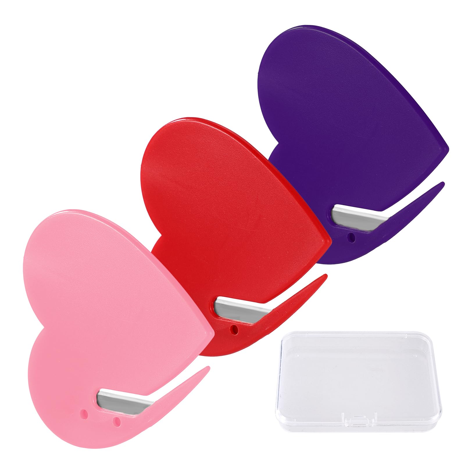 Lyreh 3pcs Envelope Opener Set, Heart Shaped Letter Opener with Safety Concealed Blade Smooth Mail Slitter Tool for Wrapping Bag Packages Express Box Home Office (Pink, Red, Purple)