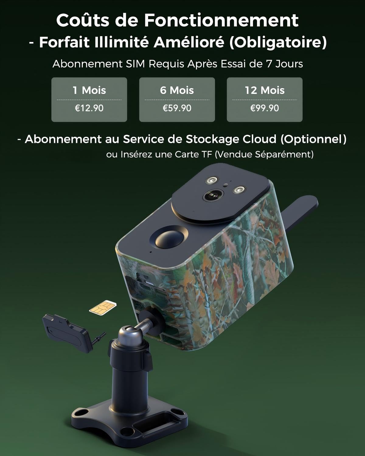 Xega 4G LTE Caméra Extérieure sans Fil avec Carte SIM,3 W Panneau Solaire