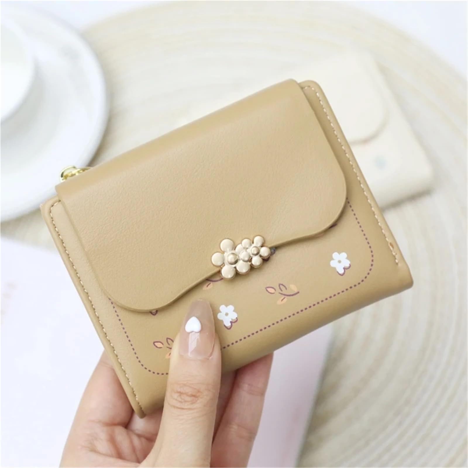 Monedero pequeño con Estampado Floral y Tarjetero de PU múltiples Compartimentos(White)